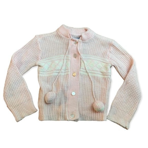 Vintage Cardigan Pink Baby Girl Knitted Sweater Pompoms Size 12-18 Months - Picture 1 of 4
